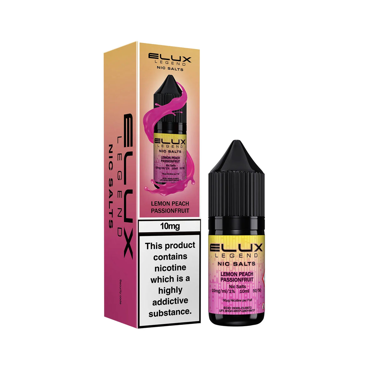 10mg Lemon Peach Passionfruit Flavour Elux Legend Nic Salts E-Liquid
