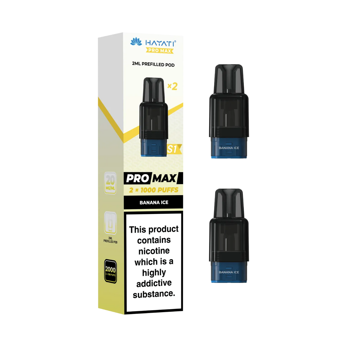 Banana Ice flavour Hayati Pro Max S1 prefilled replacement pods. 2ml pods each 1000 puffs