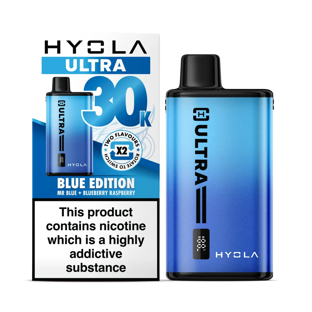 Blue Edition Flavour Hyola Ultra 30k Puff Prefilled Pod Kit. Two Flavour Vape Mr Blue and Blueberry Raspberry