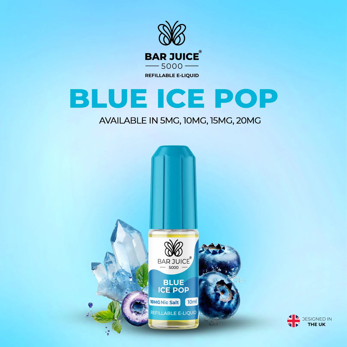5mg, 10mg, 15mg and 20mg Blue Ice Pop Flavour Bar Juice 5000 Nic Salts E-liquid