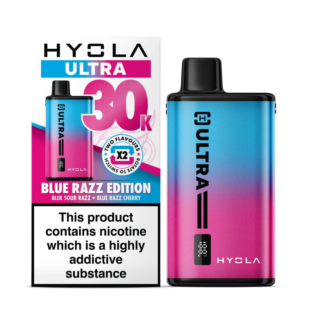 Blue Razz Flavour Hyola Ultra 30k Puff Prefilled Pod Kit. Two Flavour Vape Blue Sour Razz and Blue Razz Cherry