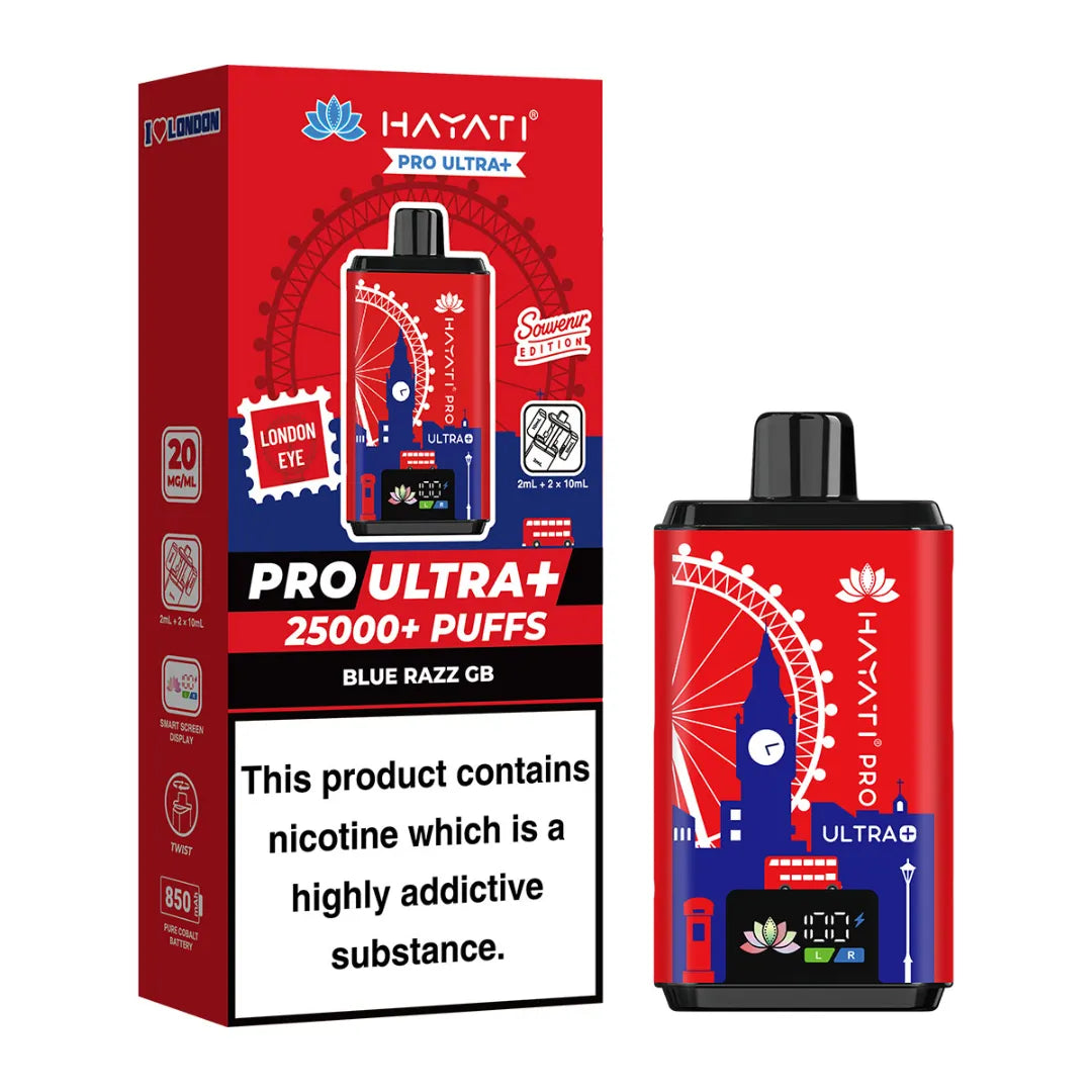 Blue Razz GB flavour Hayati Pro Ultra+ vape device and packaging with London Eye design