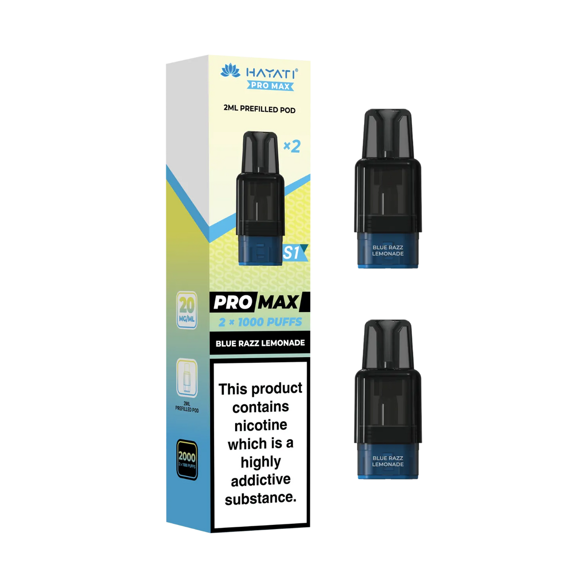 Blue Razz Lemonade flavour Hayati Pro Max S1 prefilled replacement pods. 2ml pods each 1000 puffs