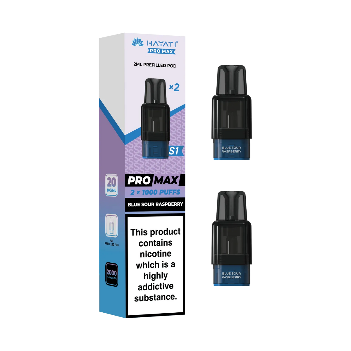 Blue Sour Raspberry flavour Hayati Pro Max S1 prefilled replacement pods. 2ml pods each 1000 puffs
