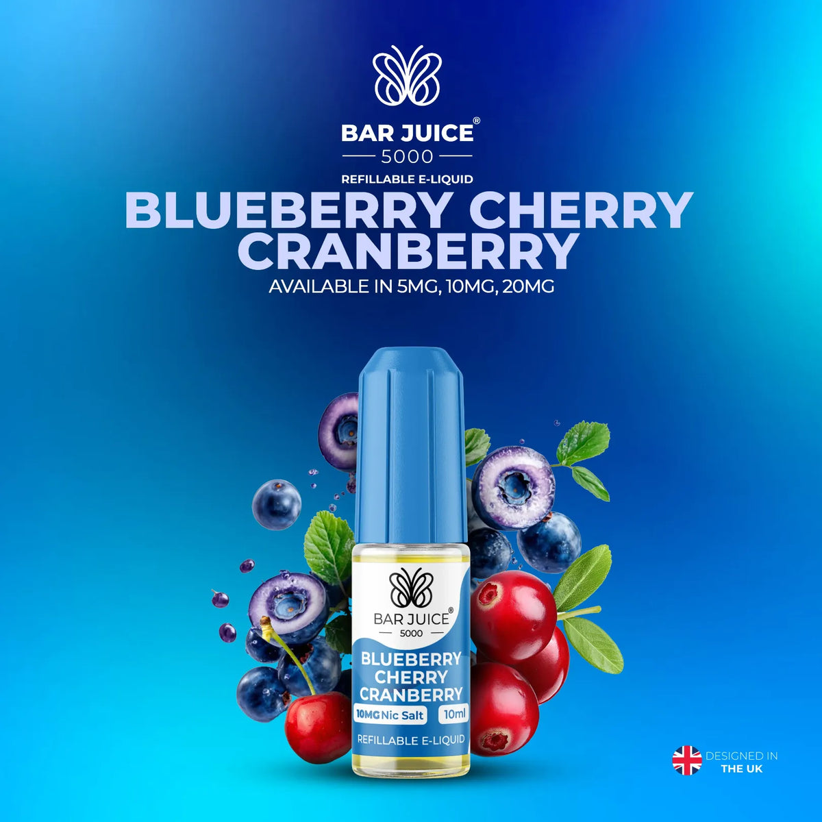 5mg, 10mg and 20mg Blueberry Cherry Cranberry Flavour Bar Juice 5000 Nic Salts E-liquid