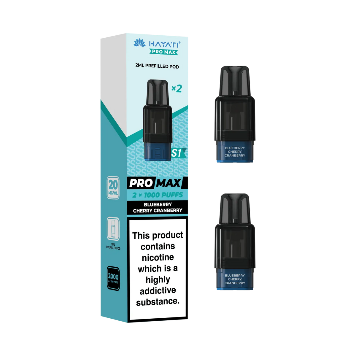 Blueberry Cherry Cranberry flavour Hayati Pro Max S1 prefilled replacement pods. 2ml pods each 1000 puffs