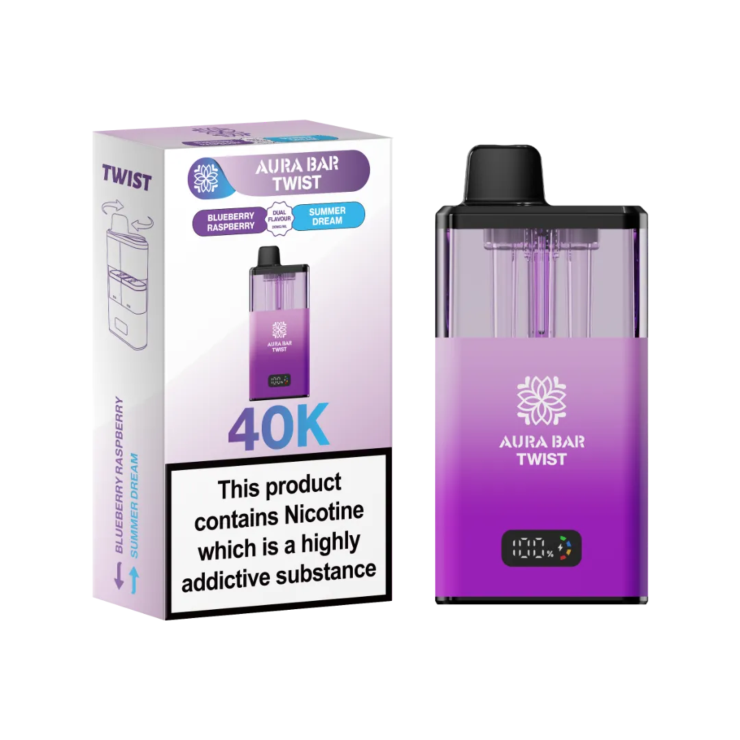 Blueberry Raspberry and Summer Dream dual flavour vape by Crystal Prime Aura Bar Twist 40K Puff Vape