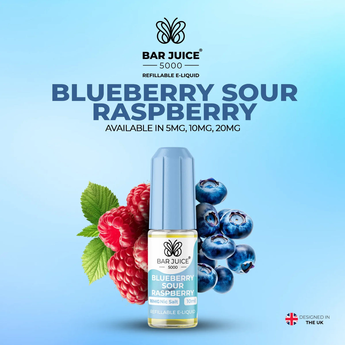 5mg, 10mg and 20mg Blueberry Sour Raspberry Flavour Bar Juice 5000 Nic Salts E-liquid