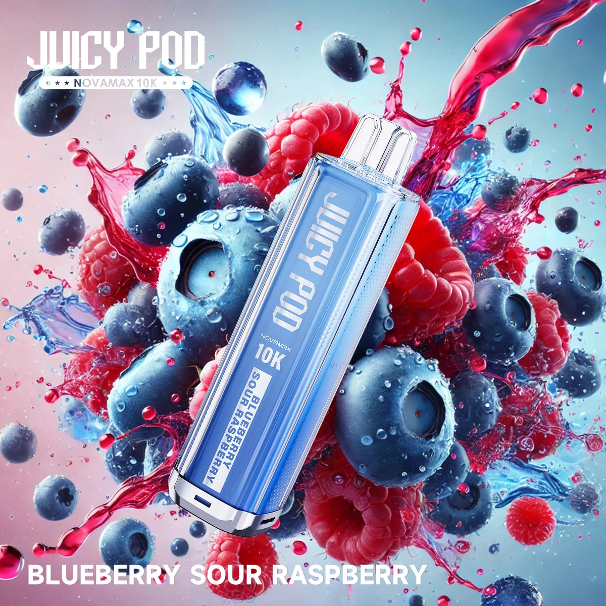 Juicy Pod Novamax 10K Puff Prefilled Pod Kit – Blueberry Sour Raspberry Juicy Pod 10K flavor with vibrant fruity splash visuals, premium vape device with intense taste and 10,000 puff capacity