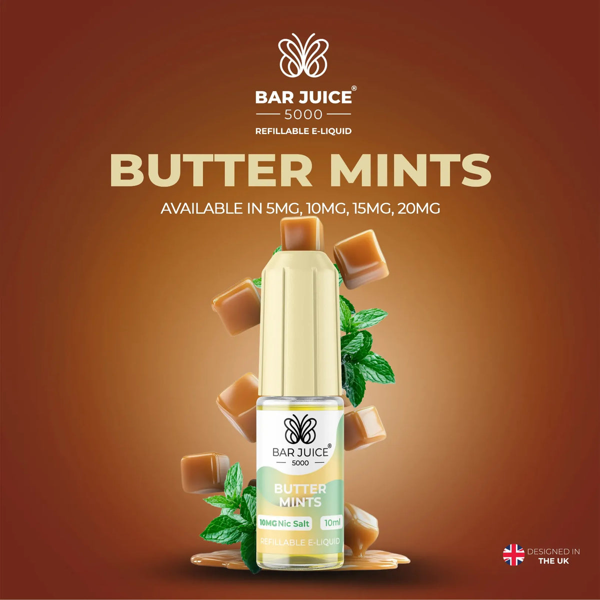 5mg, 10mg, 15mg and 20mg Butter Mints Flavour Bar Juice 5000 Nic Salts E-liquid