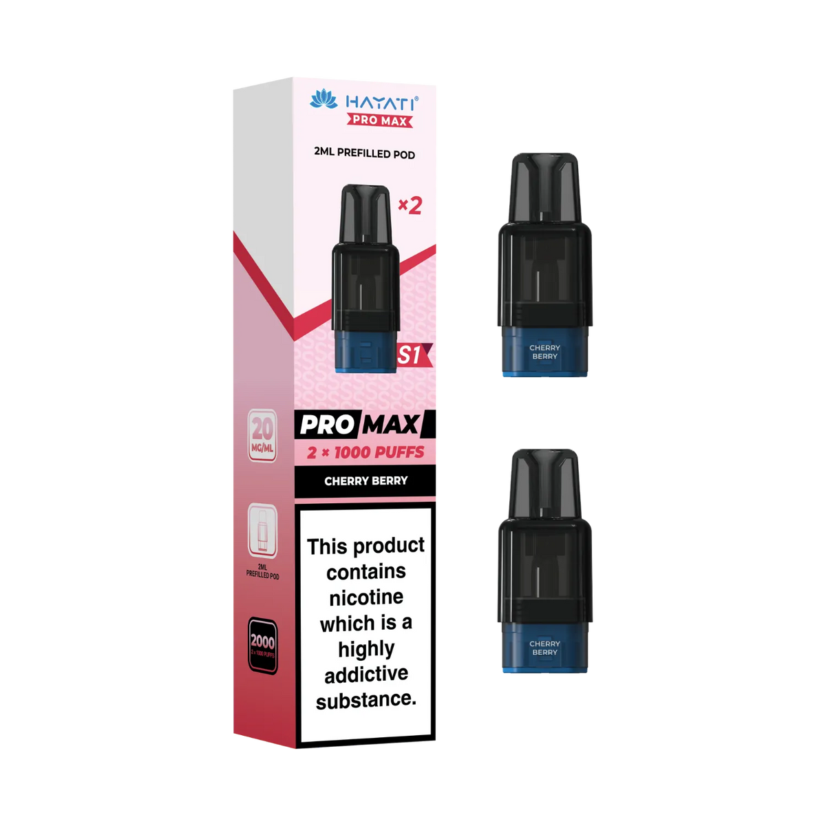 Hayati Pro Max S1 prefilled replacement pods with Cherry Berry flavour. 2ml pods each 1000 puffs