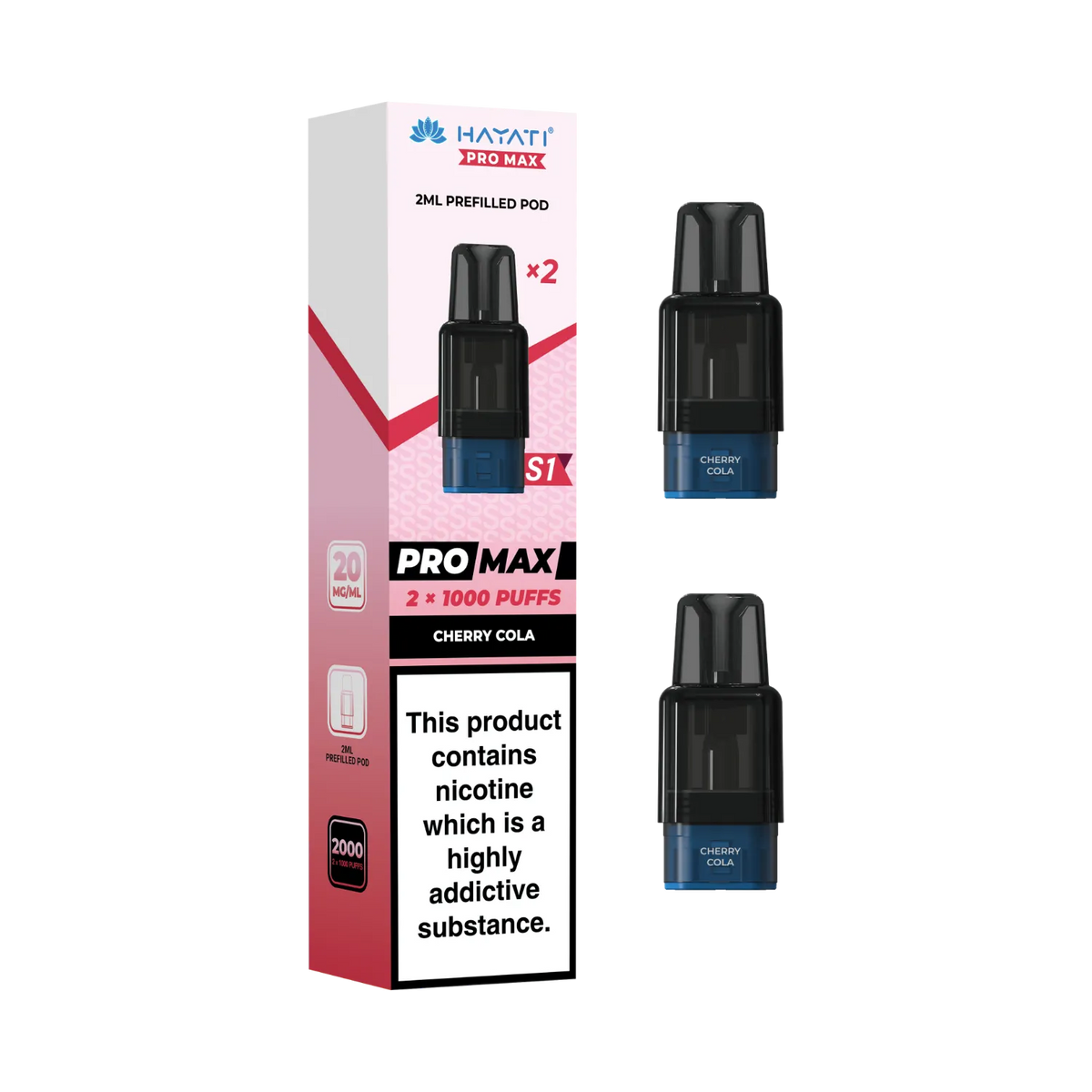 Cherry Cola flavour Hayati Pro Max S1 prefilled replacement pods. 2ml pods each 1000 puffs