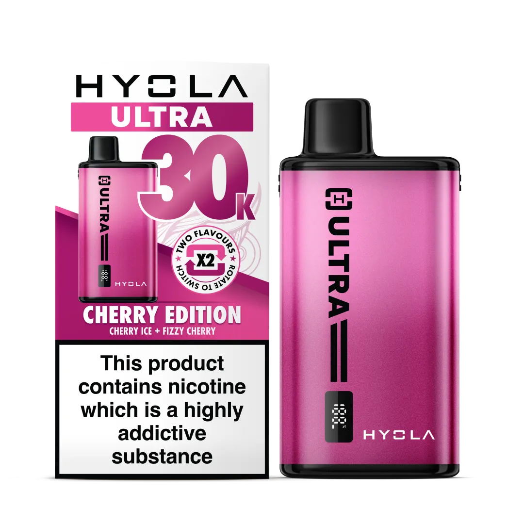 Cherry Edition Flavour Hyola Ultra 30k Puff Prefilled Pod Kit. Two Flavour Vape Cherry Ice and Fizzy Cherry