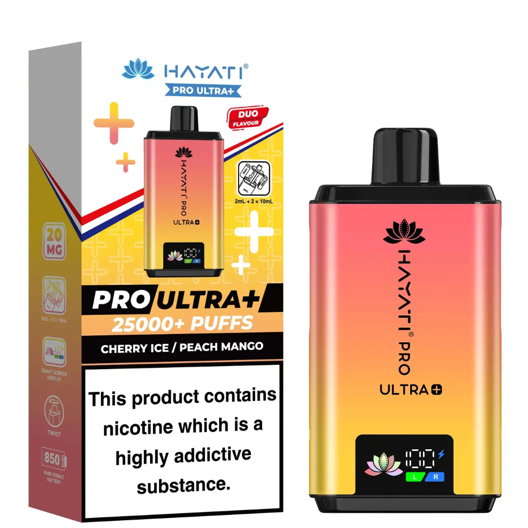 Cherry Ice and Peach Mango Flavour Hayati Pro Ultra Plus 25k Puff Prefilled Pod Kit