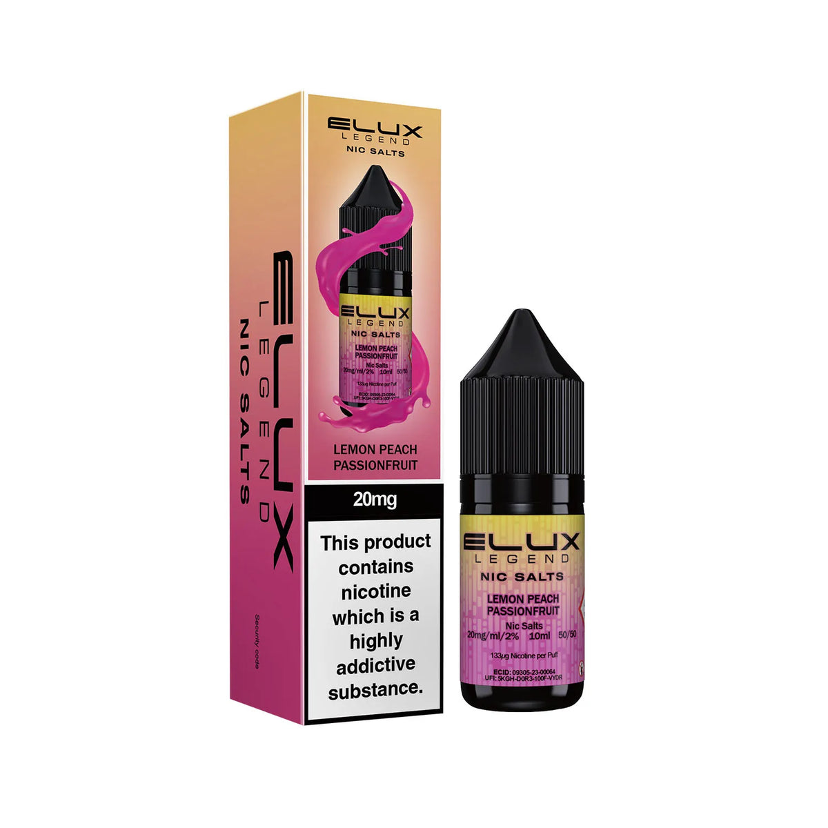 20mg Lemon Peach Passionfruit Flavour Elux Legend Nic Salts E-Liquid