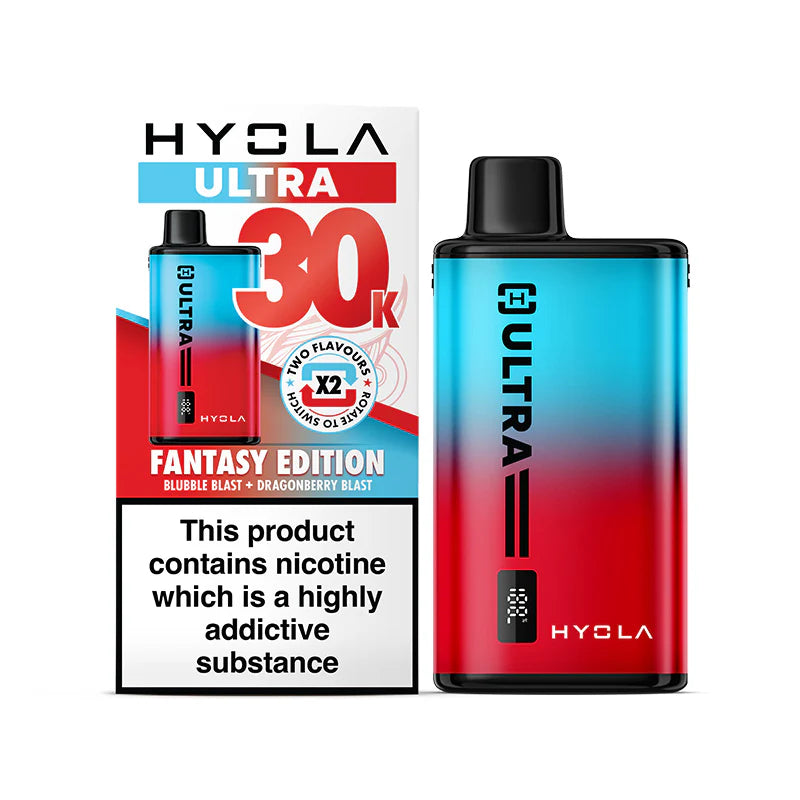 Fantasy Edition Flavour Hyola Ultra 30k Puff Prefilled Pod Kit. Two Flavour Vape Blubble Blast and Dragon Berry Blast