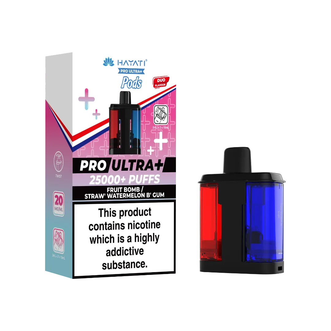 Duo flavour Fruit Bomb and Strawberry Watermelon Bubblegum Hayati Pro Ultra Plus 25k Pre-filled Replacement Pods and Hayati 25000 Pod Refills
