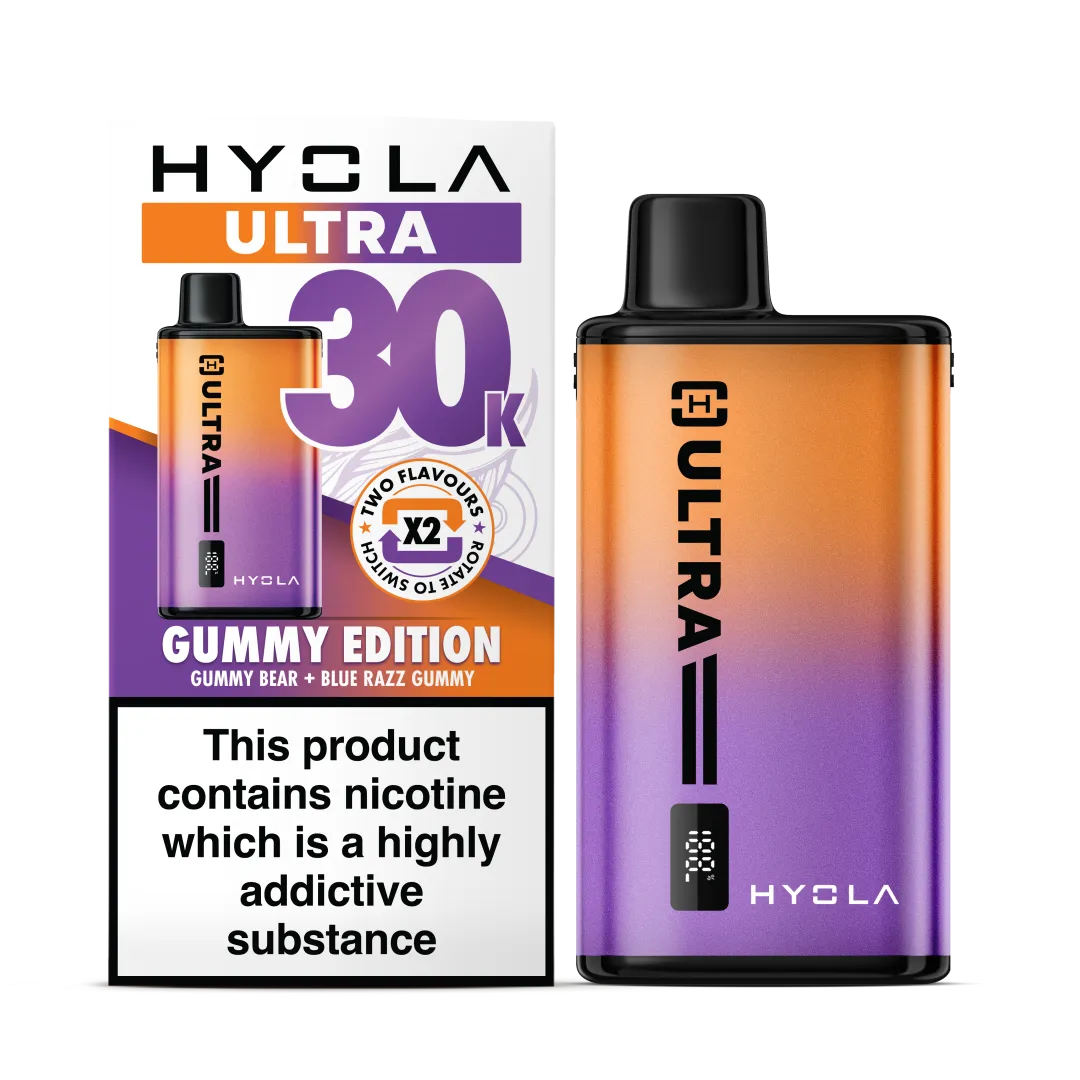 Gummy Edition Flavour Hyola Ultra 30k Puff Prefilled Pod Kit. Two Flavour Vape Gummy Bear and Blue Razz Gummy