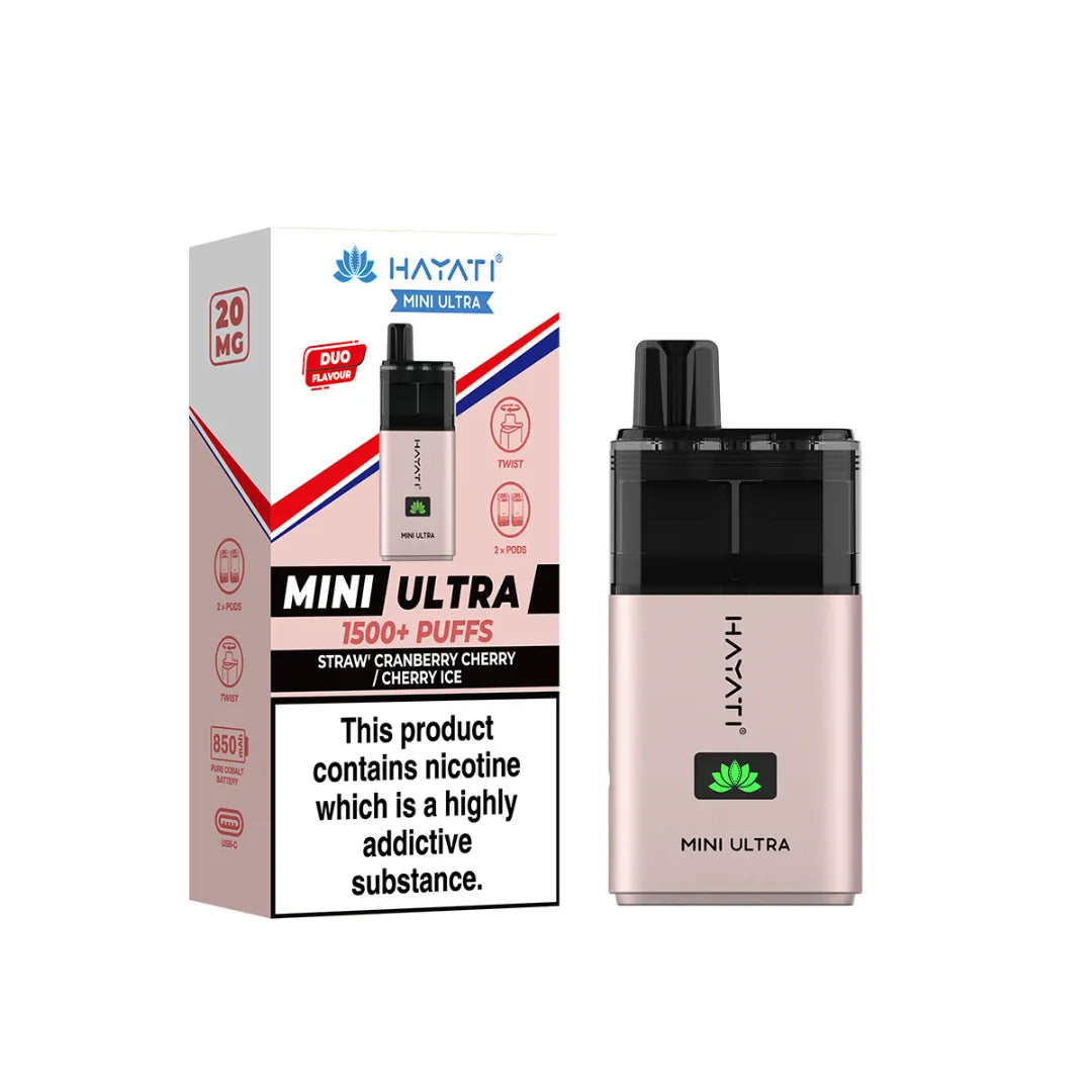 straw cranberry cherry and cherry ice flavour hayati mini ultra 1500 puff prefilled pod kit