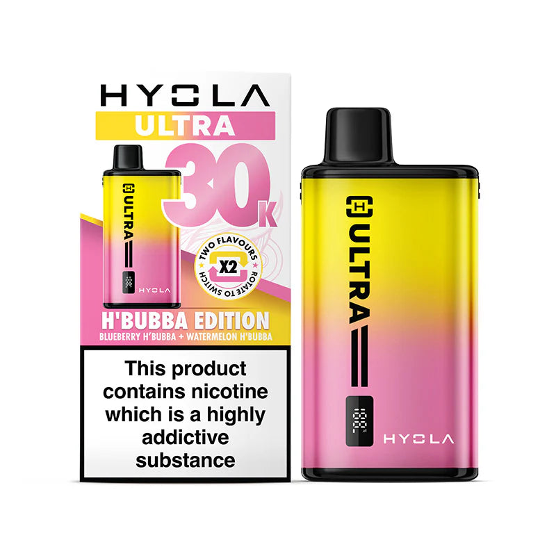 H Bubba Edition Flavour Hyola Ultra 30k Puff Prefilled Pod Kit. Two Flavour Vape Blueberry Hubba Bubba and Watermelon Hubba Bubba