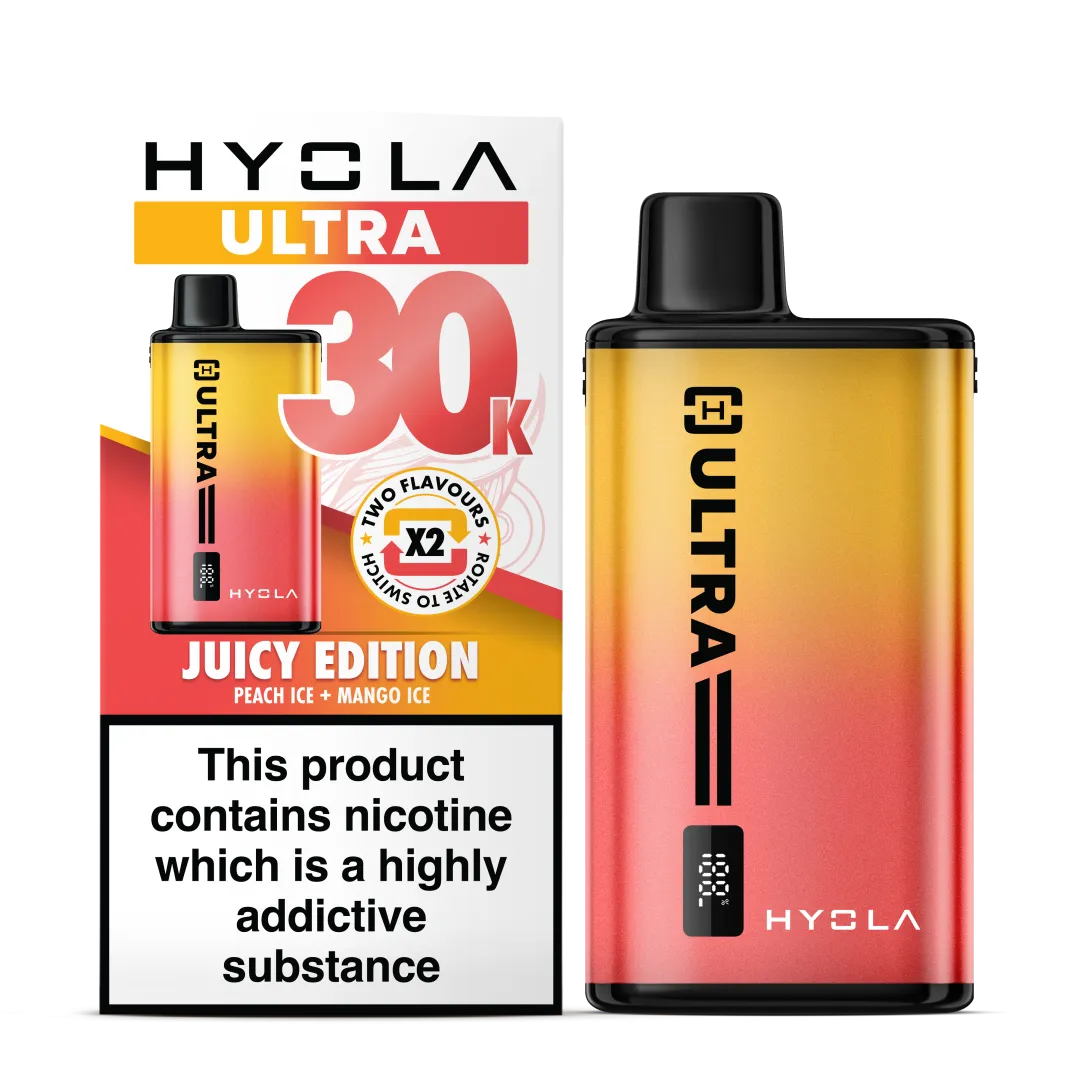 Juicy Edition Flavour Hyola Ultra 30k Puff Prefilled Pod Kit. Two Flavour Vape Peach Ice and Mango Ice