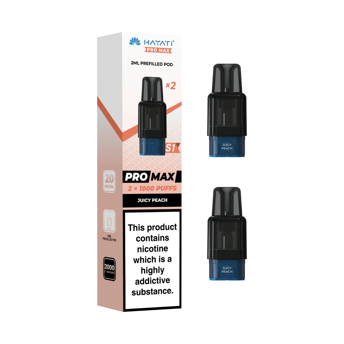 Juicy Peach flavour Hayati Pro Max S1 prefilled replacement pods. 2ml pods each 1000 puffs