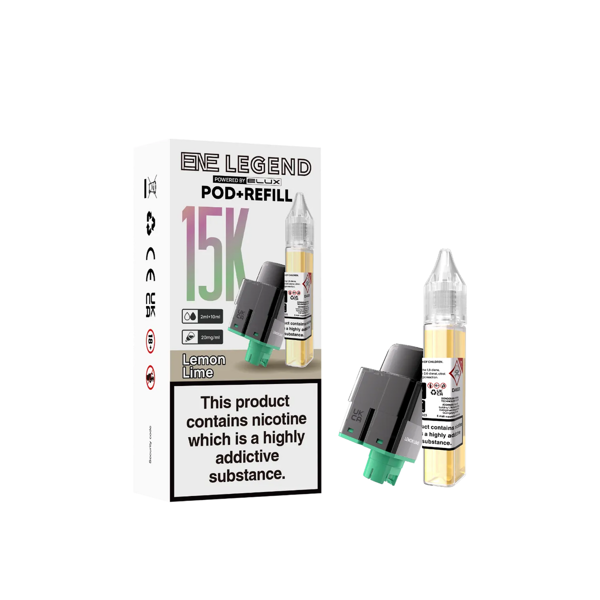 Lemon Lime flavour pod and refill container for ENE Legend 15K