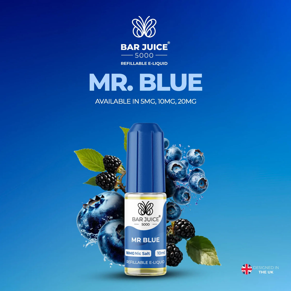 5mg, 10mg and 20mg Mr Blue Flavour Bar Juice 5000 Nic Salts E-liquid