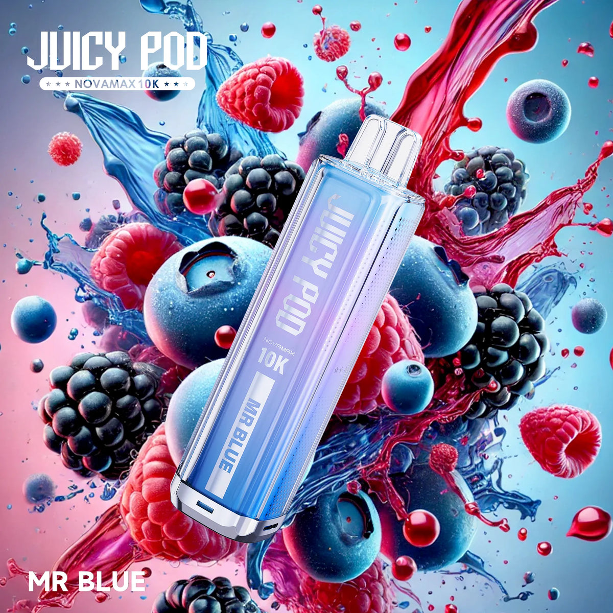 Juicy Pod Novamax 10K Puff Prefilled Pod Kit – Mr Blue Juicy Pod 10K flavor with vibrant fruity splash visuals, premium vape device with intense taste and 10,000 puff capacity