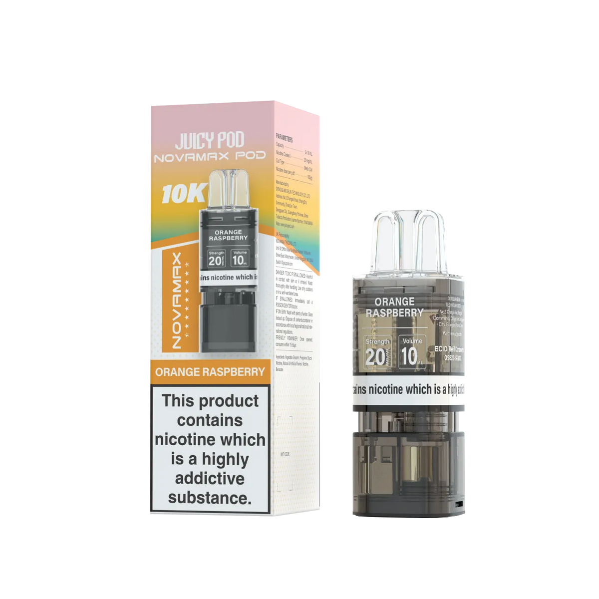 Juicy Pod Novamax Pod 10K pre-filled pod in Orange Raspberry flavour