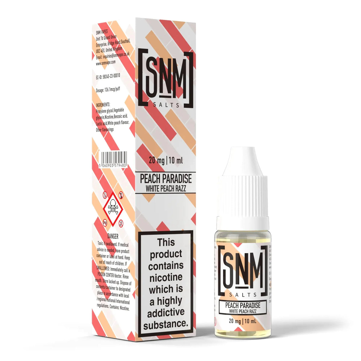 10mg and 20mg Peach Paradise Flavour SNM Vapes Nic Salts E-liquid
