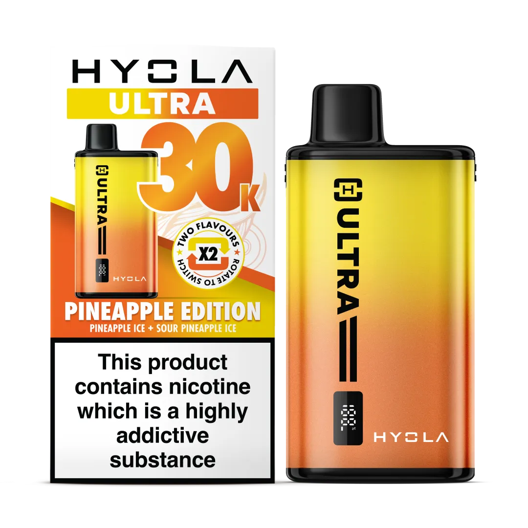 Pineapple Edition Flavour Hyola Ultra 30k Puff Prefilled Pod Kit. Two Flavour Vape Pineapple Ice and Sour Pineapple Ice