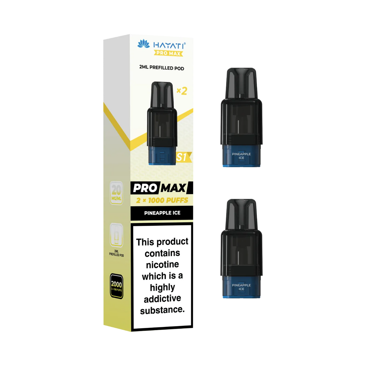 Pineapple Ice flavour Hayati Pro Max S1 prefilled replacement pods. 2ml pods each 1000 puffs