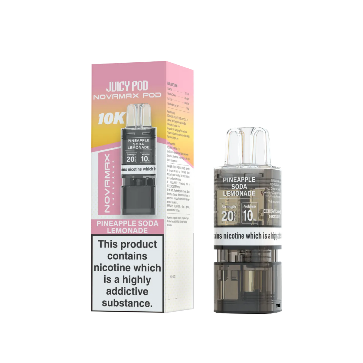 Juicy Pod Novamax Pod 10K pre-filled pod in Pineapple Soda Lemonade flavour