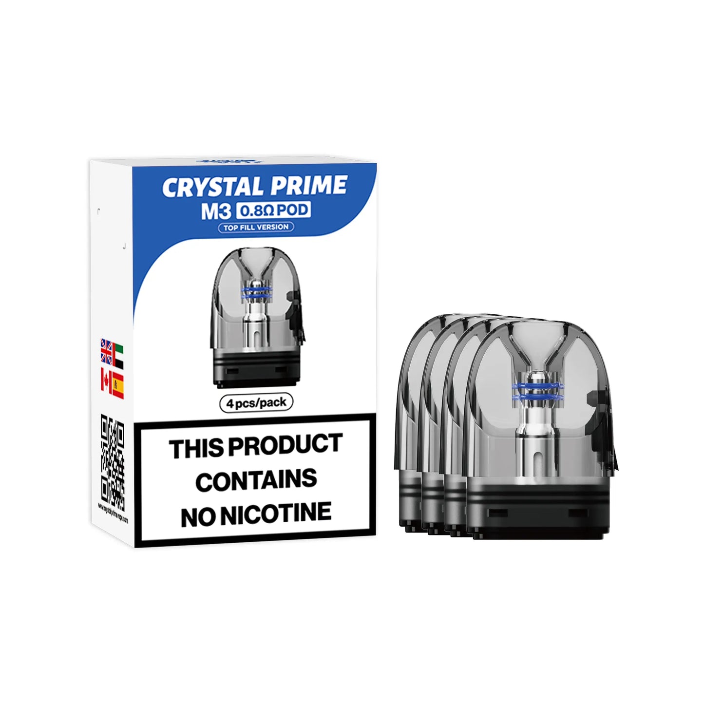 Crystal Prime M3 0.8 ohm Replacement Pods. Pack of 4 Replacement Vape Pods with Top Fill Design. Compatible with Crystal Prime M3 Smart Pod Kit