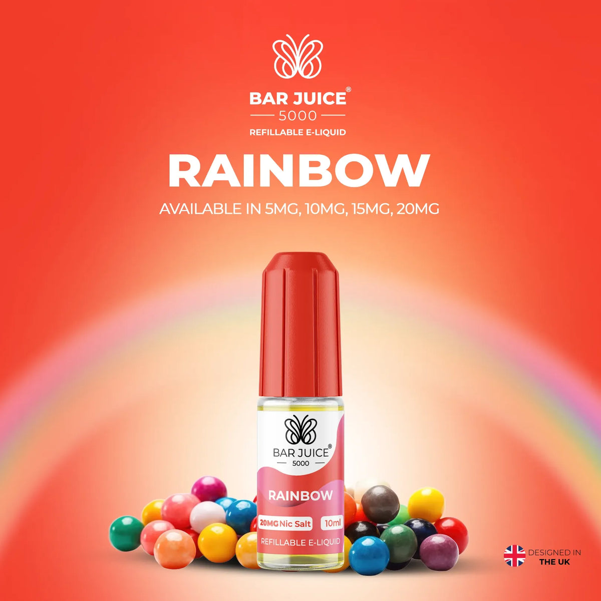 5mg, 10mg, 15mg and 20mg Rainbow Flavour Bar Juice 5000 Nic Salts E-liquid