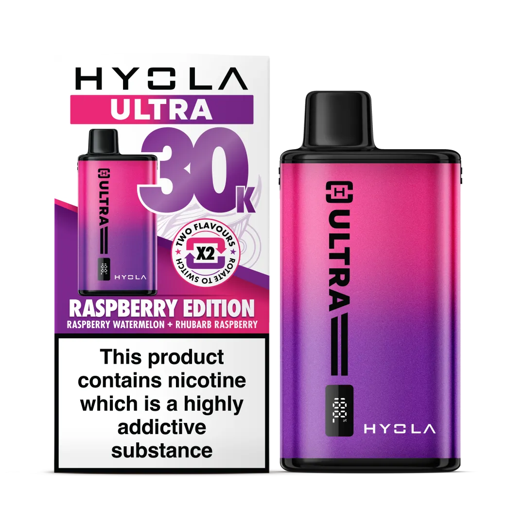 Raspberry Edition Flavour Hyola Ultra 30k Puff Prefilled Pod Kit. Two Flavour Vape Raspberry Watermelon and Rhubarb Raspberry