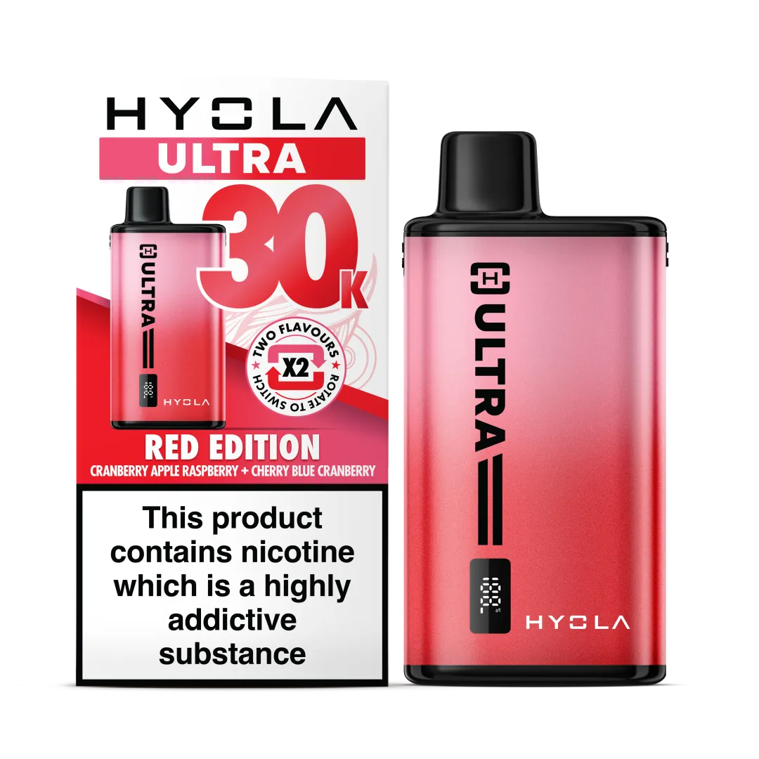 Red Edition Flavour Hyola Ultra 30k Puff Prefilled Pod Kit. Two Flavour Vape Cranberry Apple Raspberry and Cherry Blue Cranberry