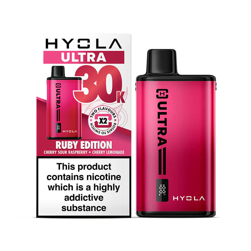 Ruby Edition Flavour Hyola Ultra 30k Puff Prefilled Pod Kit. Two Flavour Vape Cherry Sour Raspberry and Cherry Lemonade