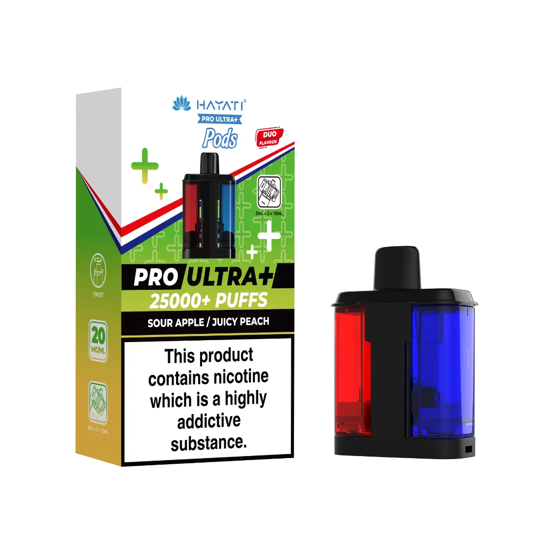 Sour apple and Juicy peach flavour Hayati Pro Ultra Plus 25k Pre-filled Replacement Pods and Hayati 25000 Pod Refills