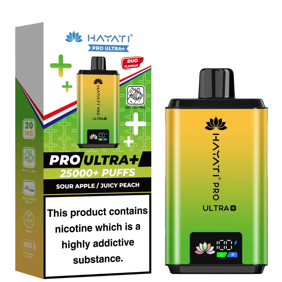 Sour Apple and Juicy Peach Flavour Hayati Pro Ultra Plus 25k Puff Prefilled Pod Kit