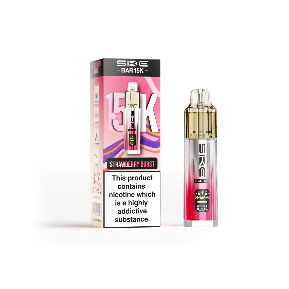 SKE vape device and packaging with 'Strawberry Burst' flavor on a white background