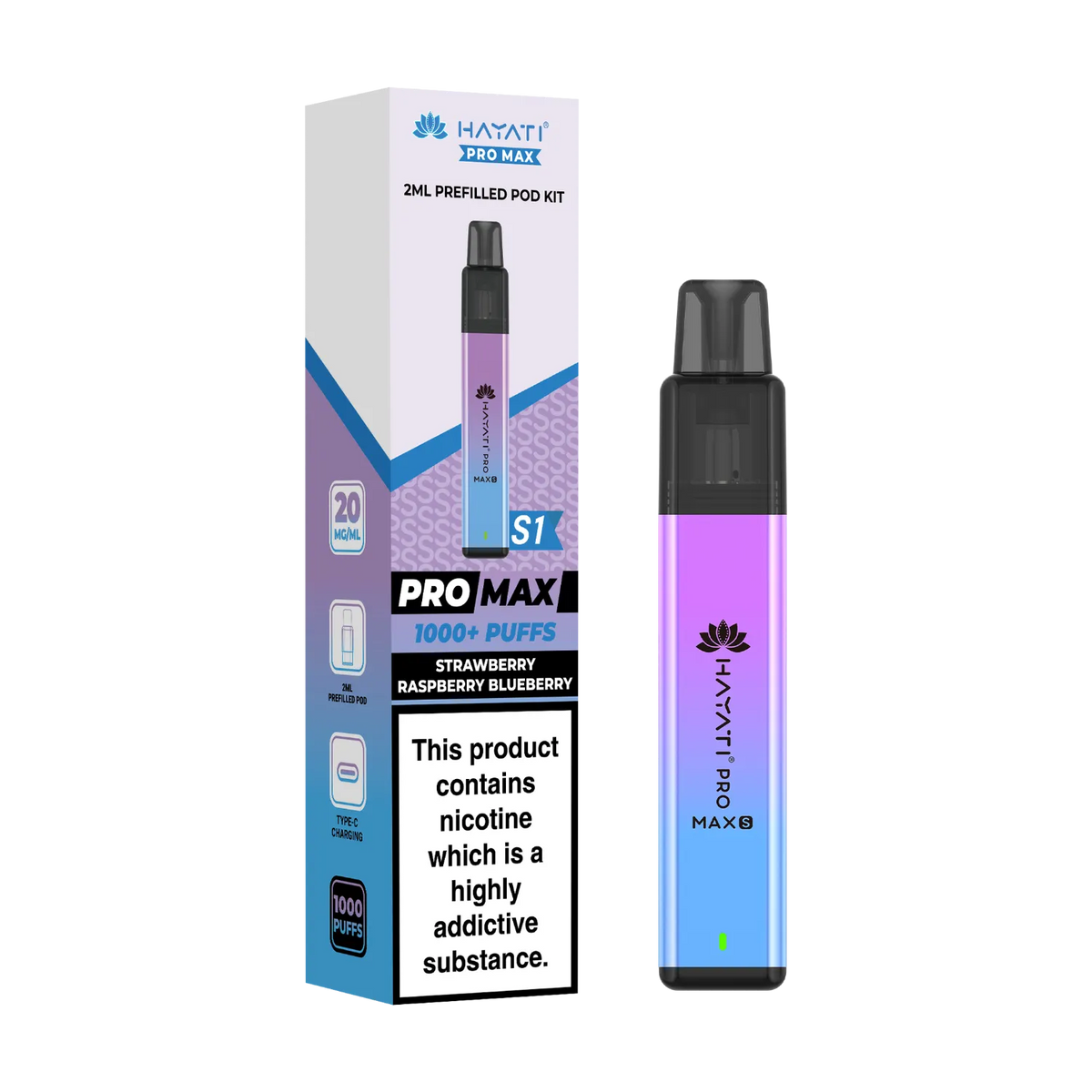 Hayati Pro Max S1 prefilled pod kit in Strawberry Raspberry Blueberry