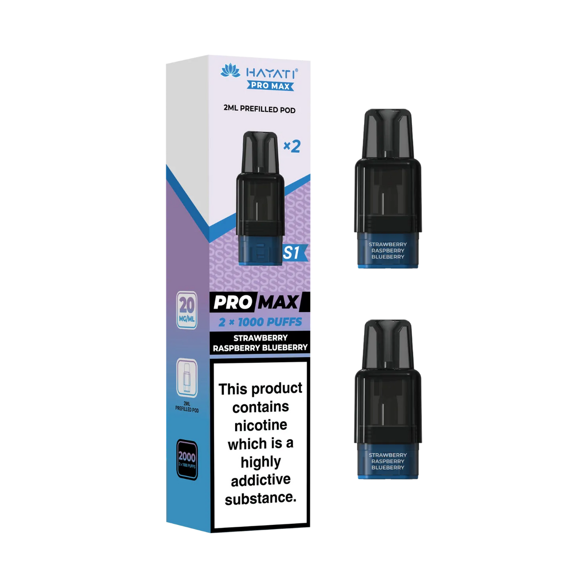 Hayati Pro Max S1 prefilled replacement pods with Strawberry Raspberry Blueberry flavour. 2ml pods each pod 1000 puffs