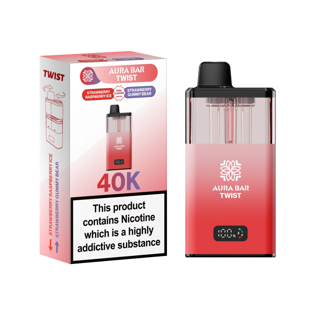 Strawberry Raspberry Ice and Strawberry Gummy Bear dual flavour vape by Crystal Prime Aura Bar Twist 40K Puff Vape