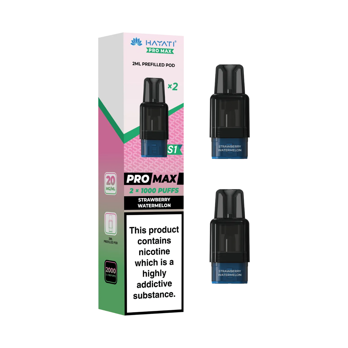 Hayati Pro Max S1 prefilled replacement pods with Strawberry Watermelon flavour. 2ml pods each pod 1000 puffs