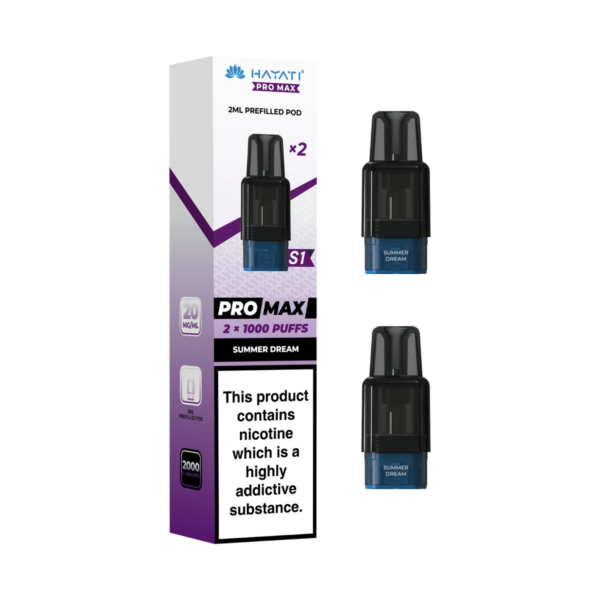 Hayati Pro Max S1 prefilled replacement pods with Summer Dream flavour. 2ml pods each pod 1000 puffs