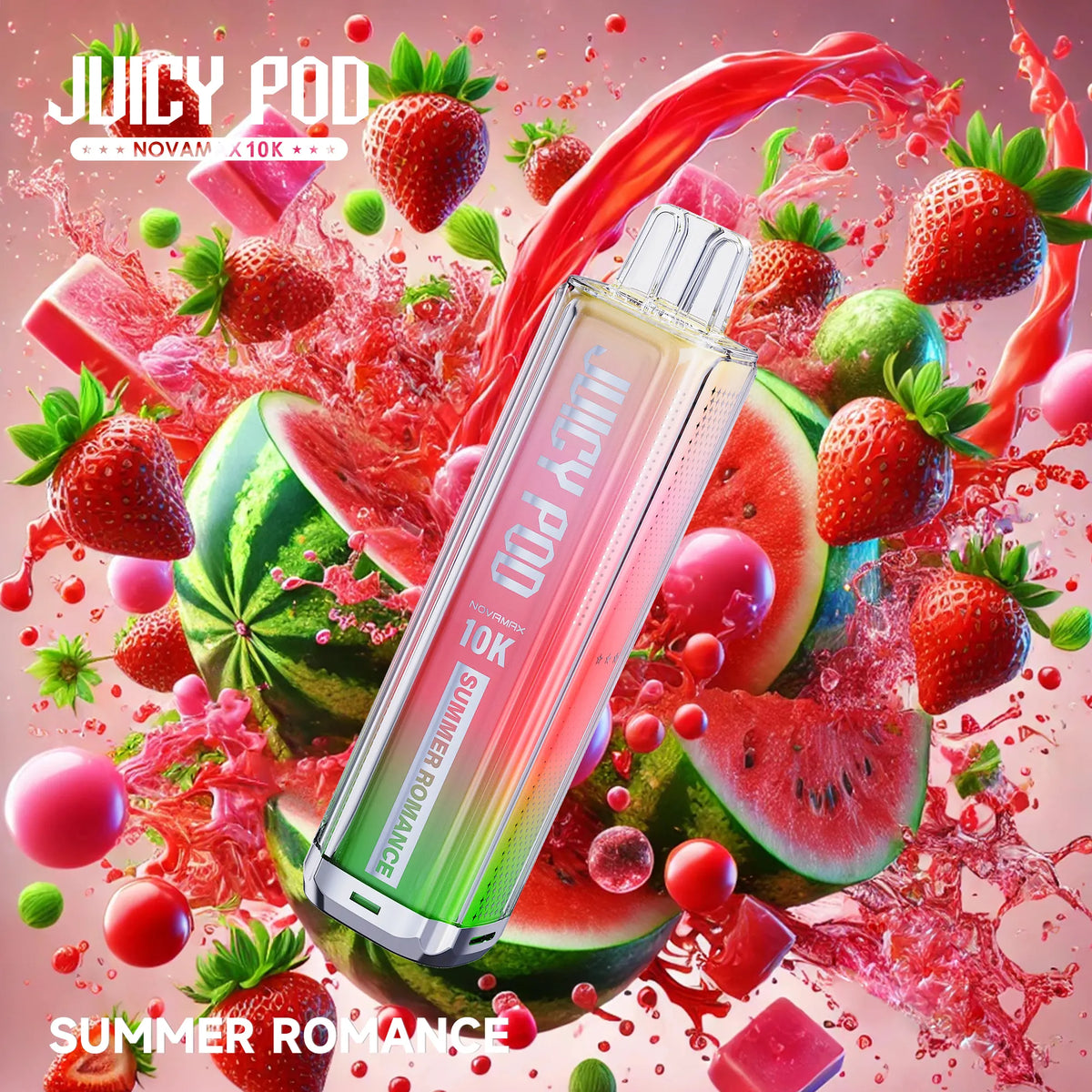 Juicy Pod Novamax 10K Puff Prefilled Pod Kit – Summer Romance Juicy Pod 10K flavor, featuring vibrant fruit explosions and sleek vape design with 10,000 puff capacity and smooth nicotine delivery