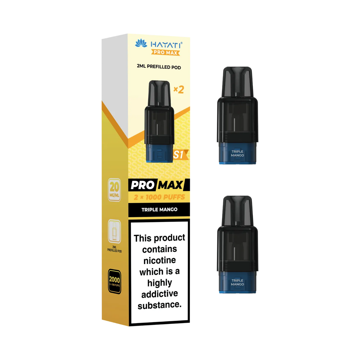 Triple Mango flavour Hayati Pro Max S1 prefilled replacement pods. 2ml pods each pod 1000 puffs