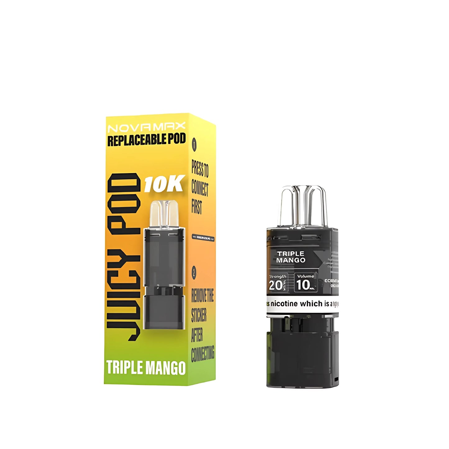 Juicy Pod Novamax 10K Pre-filled Replacement Pod – Triple Mango Juicy 10K Prefilled Pods flavor, high-quality vape refill with 10,000 puffs and 20mg nicotine strength for long-lasting satisfaction